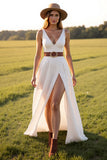 Col V Robe de mariée occidentale blanche une ligne avec fente