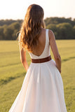 Col V Robe de mariée occidentale blanche une ligne avec fente