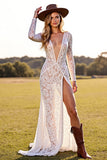 Blanc Profond Col V Gaine Dentelle Robe de Mariée Occidentale avec Fente