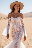 Robe de mariée western sirène en dentelle blanche à épaules dénudées