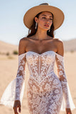Robe de mariée western sirène en dentelle blanche à épaules dénudées
