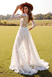 Dentelle blanche Une ligne Boho Robe de mariée avec fente