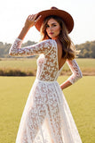 Dentelle blanche Une ligne Boho Robe de mariée avec fente