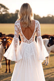 Robe de mariée western blanche à col en V avec dentelle