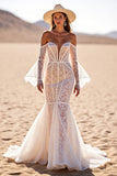 Robe de mariée western en dentelle à manches évasées sirène blanche