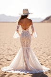 Robe de mariée western en dentelle à manches évasées sirène blanche