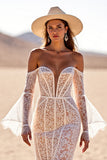 Robe de mariée western en dentelle à manches évasées sirène blanche