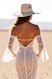 Robe de mariée western en dentelle à manches évasées sirène blanche