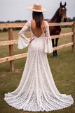Robe de mariée en dentelle blanche à col en V avec fente