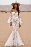 Sirène dentelle blanche Sweep Train Robe de mariée western