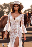 Robe de mariée western en dentelle de sirène à col en V blanc avec fente
