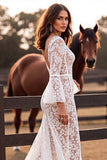 Robe de mariée western en dentelle de sirène à col en V blanc avec fente