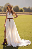 Robe de mariée en mousseline de soie blanche A Line Sweep Train avec fente