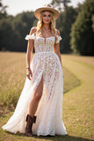 Robe de mariée western en dentelle blanche à une ligne avec fente