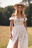 Robe de mariée western en dentelle blanche à une ligne avec fente
