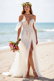 Robe de mariée de plage en mousseline de soie blanche avec fente