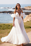 Spaghetti blanc bretelles balayage traîne une robe de mariée ligne