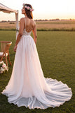 Une ligne de bretelles spaghetti blanches Sweep Train robe de mariée avec dentelle