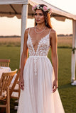 Une ligne de bretelles spaghetti blanches Sweep Train robe de mariée avec dentelle