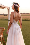 Une ligne de bretelles spaghetti blanches Sweep Train robe de mariée avec dentelle