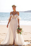 Robe de mariée de plage blanche A Line Backless Sweep Train