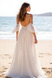 Robe de mariée de plage blanche A Line Backless Sweep Train