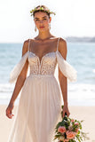 Robe de mariée de plage blanche A Line Backless Sweep Train