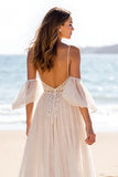 Robe de mariée de plage blanche A Line Backless Sweep Train