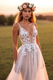 Blanc Une ligne balayage train Boho robe de mariée avec applique