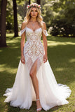 Blanc épaule froide Boho Sweep Train Robe de mariée avec dentelle