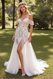 Blanc épaule froide Boho Sweep Train Robe de mariée avec dentelle