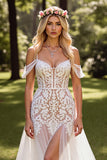 Blanc épaule froide Boho Sweep Train Robe de mariée avec dentelle
