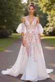 Robe de mariée corbeille à fleurs blanches à col en V avec manches amovibles