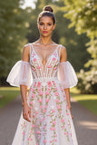 Robe de mariée corbeille à fleurs blanches à col en V avec manches amovibles