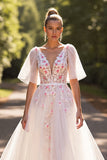 Robe de mariée demi-manches florales blanches une ligne