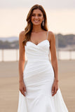 Robe de mariée à bretelles spaghetti blanches froncées hautes basses