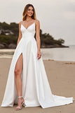Robe de mariée simple en satin blanc une ligne avec fente