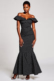 Robe sirène à volants noir à pois blancs à volants