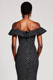 Robe sirène à volants noir à pois blancs à volants
