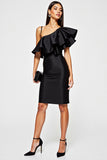 Robe de cocktail moulante noire en satin à volants