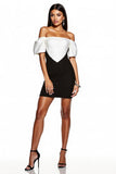 Robe de cocktail moulante à épaules dénudées noire et blanche