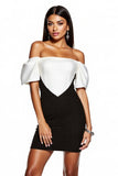 Robe de cocktail moulante à épaules dénudées noire et blanche