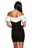 Robe de cocktail moulante à épaules dénudées noire et blanche