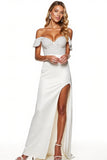 Robe formelle blanche sirène à épaules dénudées avec fente