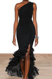 Robe formelle noire sirène à une épaule avec volants