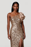 Robe longue de vacances à paillettes et fourreau champagne scintillant