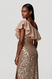 Robe longue de vacances à paillettes et fourreau champagne scintillant
