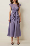 Mousseline de soie violette grise Une ligne Robe semi-formelle avec ceinture