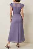 Mousseline de soie violette grise Une ligne Robe semi-formelle avec ceinture