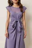 Mousseline de soie violette grise Une ligne Robe semi-formelle avec ceinture